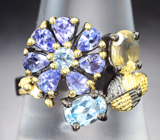 Серебряное кольцо с танзанитами, цитрином и голубыми топазами