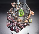 Серебряное кольцо с перидотами, родолитами, розовым турмалином и голубыми топазами