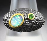 Серебряное кольцо с кристаллическим эфиопским опалом и диопсидами