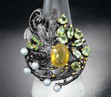 Серебряное кольцо с желтым сапфиром 2,29 карата, перидотами, жемчугом и диопсидами