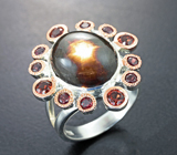 Серебряное кольцо cо звездчатым сапфиром 12,31 карата и гранатами