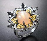 Роскошное серебряное кольцо с хризобериллом с эффектом кошачьего глаза и ониксом Серебро 925