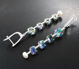 Серебряные серьги с огранеными черными опалами и жемчугом Серебро 925