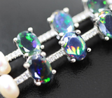 Серебряные серьги с огранеными черными опалами и жемчугом Серебро 925