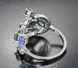Изысканное серебряное кольцо с ограненными черными опалами, танзанитами и черными шпинелями Серебро 925