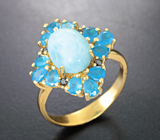 Серебряное кольцо с небесно-голубым ларимаром и «неоновыми» апатитами