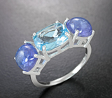 Превосходное серебряное кольцо с голубым топазом и танзанитами Серебро 925
