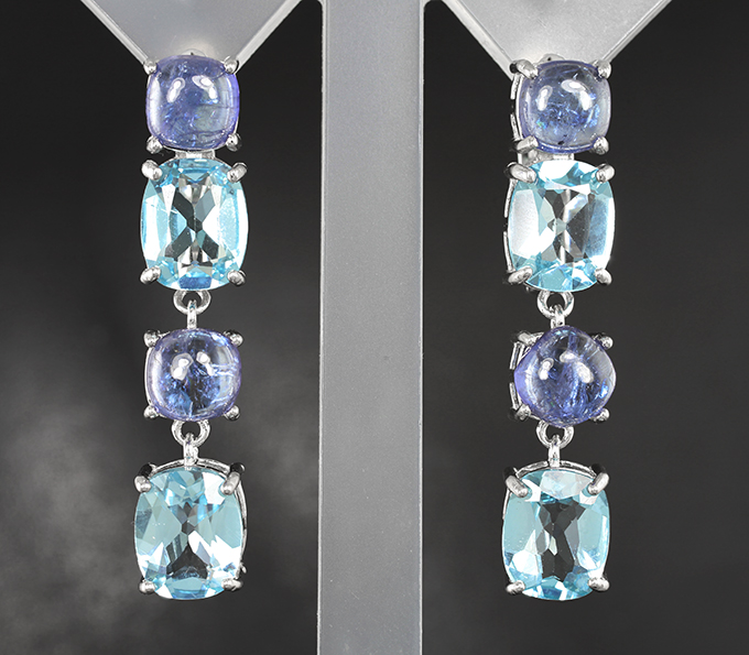 Превосходные серебряные серьги с голубыми топазами и танзанитами