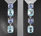 Превосходные серебряные серьги с голубыми топазами и танзанитами Серебро 925