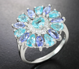 Яркое серебряное кольцо с «неоновыми» апатитами и танзанитами Серебро 925