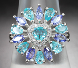 Яркое серебряное кольцо с «неоновыми» апатитами и танзанитами Серебро 925