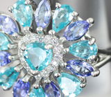 Яркое серебряное кольцо с «неоновыми» апатитами и танзанитами Серебро 925