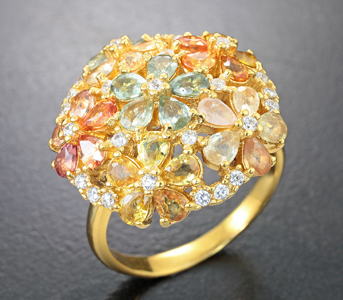 Праздничное серебряное кольцо с разноцветными сапфирами