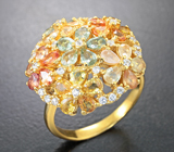 Праздничное серебряное кольцо с разноцветными сапфирами Серебро 925