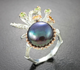 Серебряное кольцо с цветной жемчужиной, цитринами и перидотами
