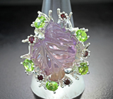 Серебряное кольцо с резным аметрином, перидотами и альмандинами гранатами Серебро 925