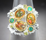 Серебряное кольцо с кристаллическими эфиопскими опалами и хризопразом Серебро 925