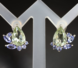 Превосходные серебряные серьги с зелеными аметистами и танзанитами Серебро 925