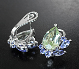 Превосходные серебряные серьги с зелеными аметистами и танзанитами Серебро 925