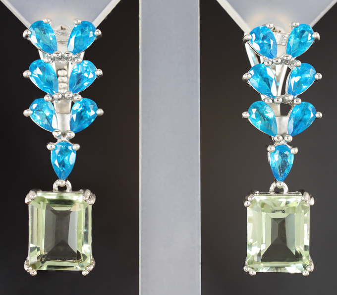 Яркие серебряные серьги с зелеными аметистами и «неоновыми» апатитами