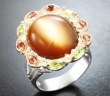Серебряное кольцо с солнечным камнем 10,64 карата, перидотами и альмандинами гранатами