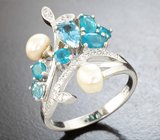 Изысканное серебряное кольцо с «неоновыми» апатитами, голубым топазом и жемчугом