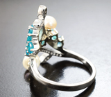 Изысканное серебряное кольцо с «неоновыми» апатитами, голубым топазом и жемчугом Серебро 925
