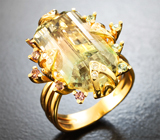 Коктейльное золотое кольцо с ярким «неоновым» полихромным турмалином 12,87 карата, сапфирами и бриллиантами Золото