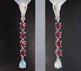 Оригинальные серебряные серьги с кристаллическими эфиопскими опалами и рубинами