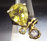 Серебряное кольцо с лимонным цитрином 12,14 карата, звездчатым сапфиром и голубым топазом