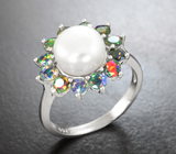 Превосходное серебряное кольцо с жемчужиной и ограненными черными опалами Серебро 925