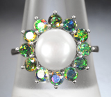 Превосходное серебряное кольцо с жемчужиной и ограненными черными опалами Серебро 925