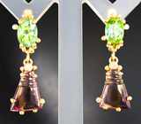 Золотые серьги с яркими «неоновыми» и резными полихромными турмалинами 12,15 карата и бриллиантами Золото