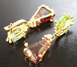 Золотые серьги с яркими «неоновыми» и резными полихромными турмалинами 12,15 карата и бриллиантами Золото