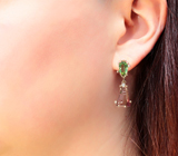 Золотые серьги с яркими «неоновыми» и резными полихромными турмалинами 12,15 карата и бриллиантами Золото