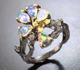 Серебряное кольцо с кристаллическими эфиопскими опалами и турмалином