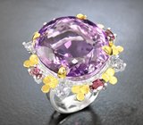 Серебряное кольцо с аметистом 36,71 карата, танзанитами и родолитами Серебро 925