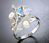 Великолепное серебряное кольцо с жемчугом и кристаллическими эфиопскими опалами Серебро 925