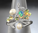 Великолепное серебряное кольцо с жемчугом и кристаллическими эфиопскими опалами