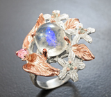 Серебряное кольцо с лунным камнем 4,29 карат и перидотами