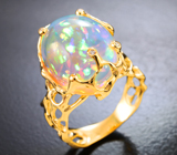 Золотое кольцо сярким полупрозрачным эфиопским опалом 8,29 карата и бриллиантами
