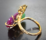 Золотое кольцо с редким резным рубином в цоизите 11,83 карата, сапфиром и бриллиантом