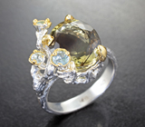 Серебряное кольцо с лемотрином 6,15 карата и голубыми топазами Серебро 925