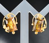Золотые серьги с редкими насыщенными золотисто-зелеными полихромными турмалинами 11,67 карата, желтыми сапфирами и бриллиантами