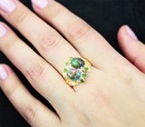 Серебряное кольцо с кристаллическими черными опалами и диопсидами