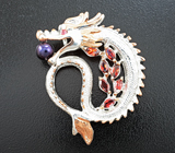 Серебряный кулон «Дракон» с цветной жемчужиной, альмандинами гранатами и розовым турмалином Серебро 925