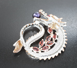 Серебряный кулон «Дракон» с цветной жемчужиной, альмандинами гранатами и розовым турмалином Серебро 925