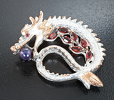 Серебряный кулон «Дракон» с цветной жемчужиной, альмандинами гранатами и розовым турмалином Серебро 925