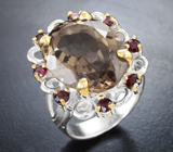 Серебряное кольцо с дымчатым кварцем 13,63 карата и альмандинами гранатами