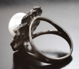 Серебряное кольцо с жемчужиной и родолитами